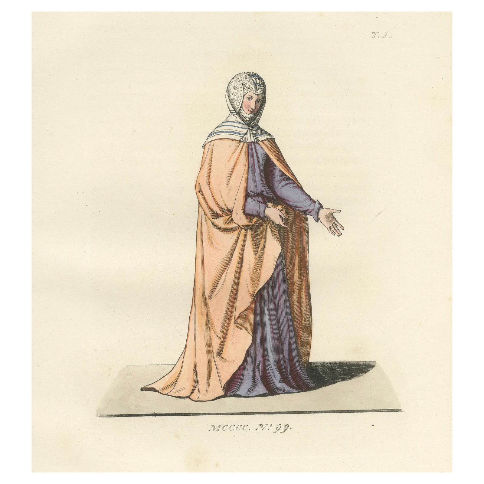 Medieval Costume Print 1845, Noblewoman in Peach and Lavender Robes