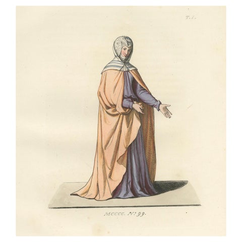 Medieval Costume Print 1845, Noblewoman in Peach and Lavender Robes