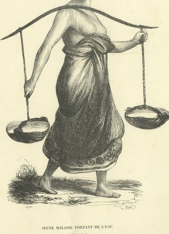 Young Malay Woman Carrying Water, Antique Wahlen Costume Print, 1843-1844, close-up 1
