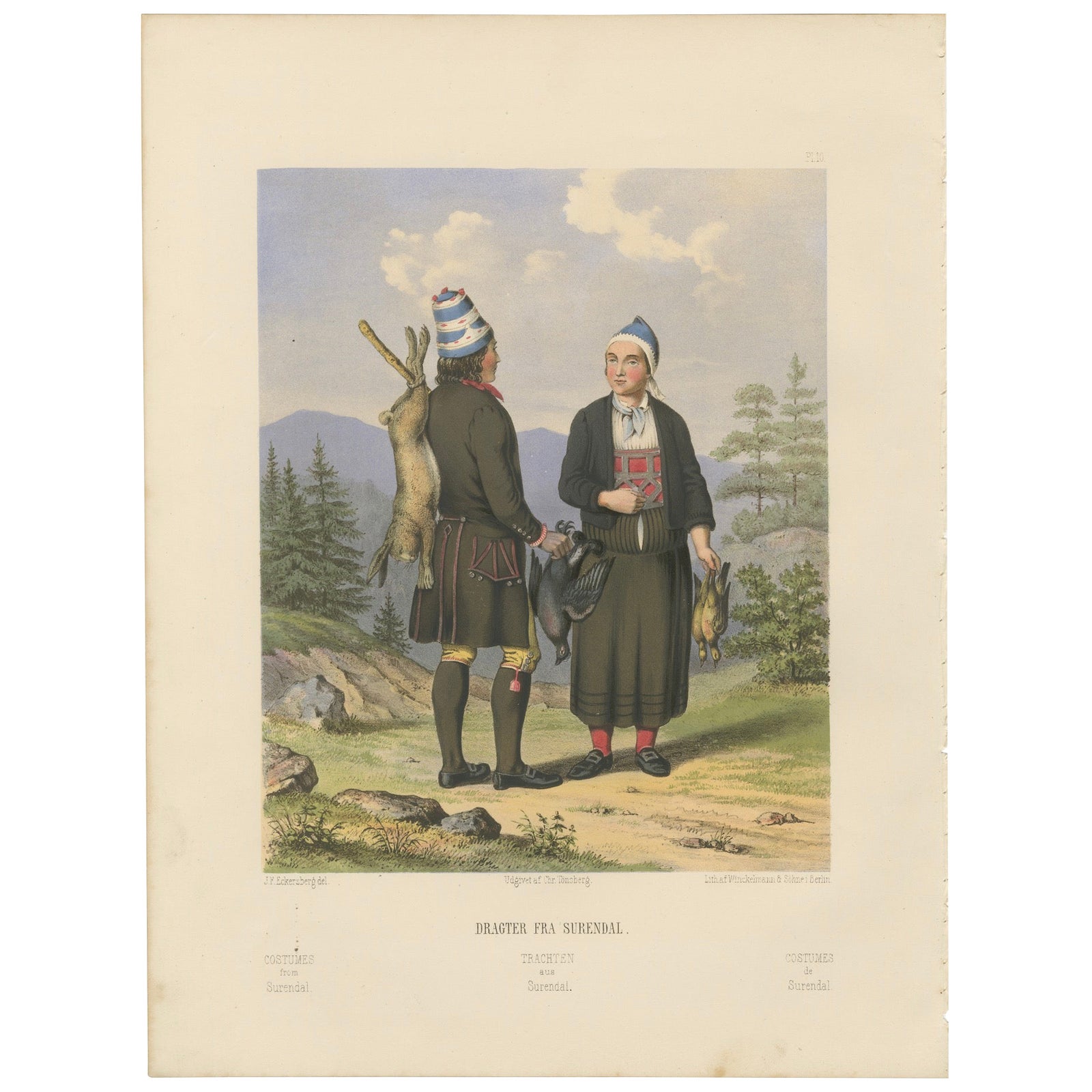Traditional Dress from Surendal, Norway, Hunting Scene, 19th Century Print