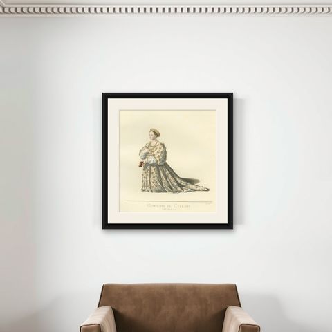 Bianca Maria, Countess of Cellant, 15th Century Italian Costume by Mercuri 1861, shown framed on a wall