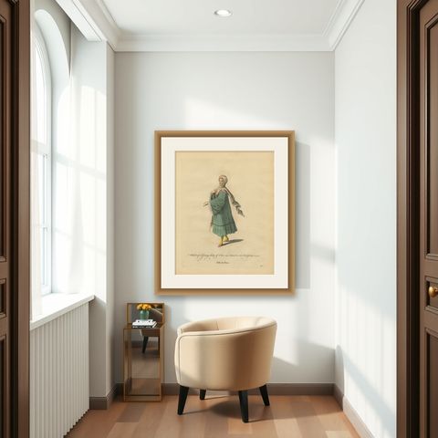 Antique Costume Print of a Young Lady of Tine, Greek Islands Engraving, 1749, shown framed in a room
