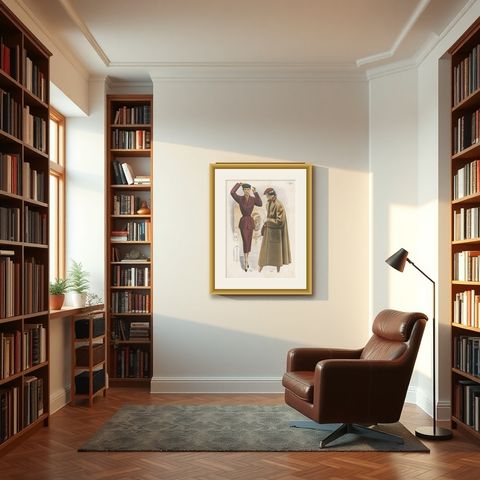 Decorative Vintage Fashion Print published in Ladies‘ Styles, 1952, shown framed in a room