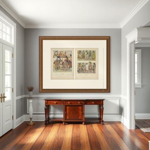 Aztec & Early Mexican Costumes, Set of 2 Antique Prints, 1500–1525, ca.1880, shown framed in a room