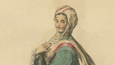 Antique Costume Print of a Young Lady of Tine, Greek Islands Engraving, 1749, close-up 1