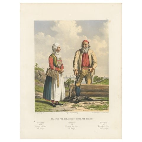 Folk Costumes near Bergen, Moranger and Oster Couple, 19th Century Print