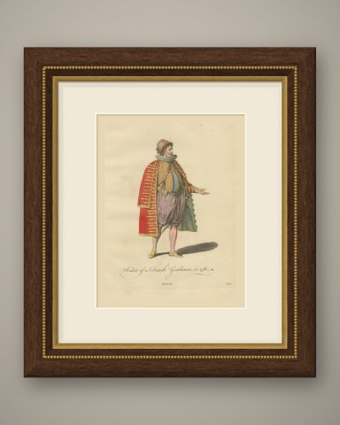 French Gentleman in 1581 with a Braided Red Coat, Jefferys Costume Plate, 1757, shown framed