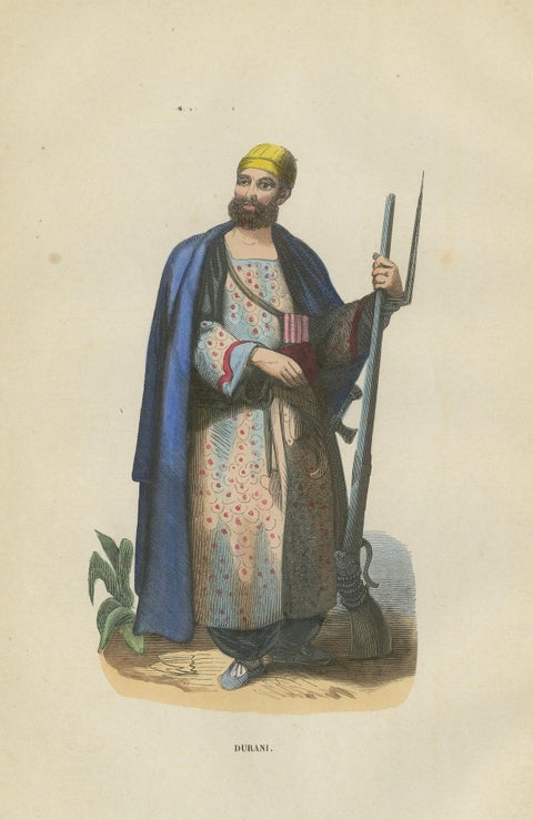 Antique Durrani Afghan Warrior Print, Hand-Colored Costume Lithograph 1852, close-up 1