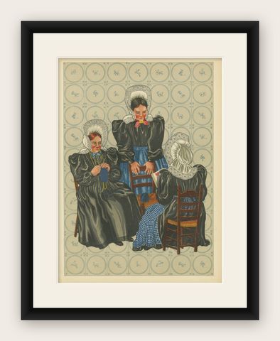 Rare 1932 Dutch Print: Huizen Women's Modern Dress with Lace Caps & Aprons, shown framed