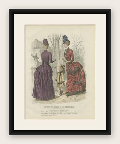 French Fashion Print, Tartan Dress & Child at Zoo, Hand-Colored, c.1887, shown framed