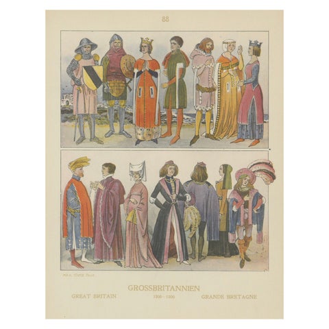 Great Britain 1300–1500 Costume Plate, Antique Hand-Colored Print, ca.1880