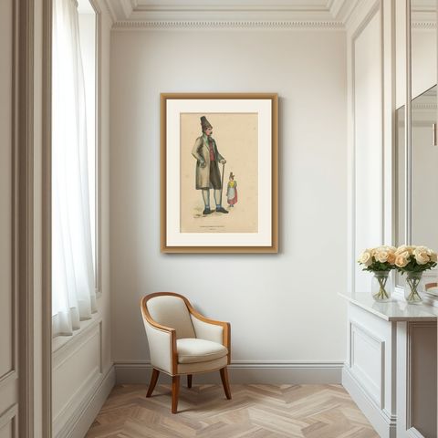 Antique Costume Print of Figures from Schliersee by Wahlen, 1843, shown framed in a room