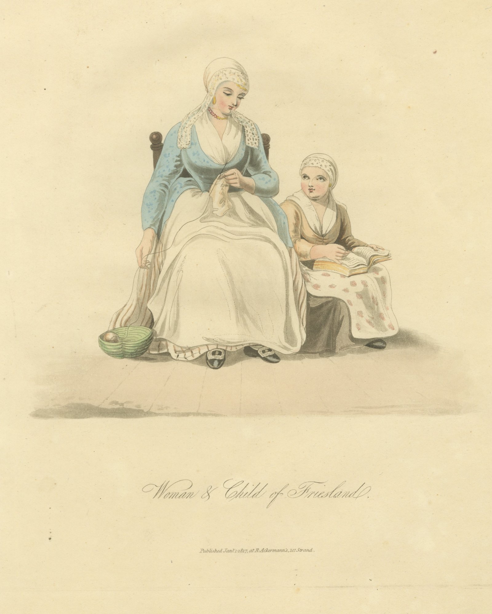 Woman and Child of Friesland, Frisian Dress, Antique Ackermann Print, 1817