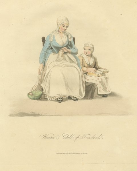 Woman and Child of Friesland, Frisian Dress, Antique Ackermann Print, 1817