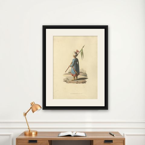 Antique Print Ensign Bearer of the Spahis, The Military Costume of Turkey, 1818, shown framed on a wall
