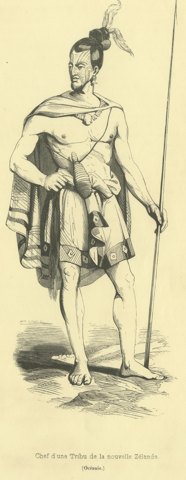 Chief of a Tribe of New Zealand, Antique Wahlen Costume Print, 1843-1844