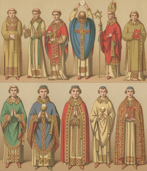 Medieval European Clergy Costumes by Racinet, Gothic Vestments, 1888, close-up 3