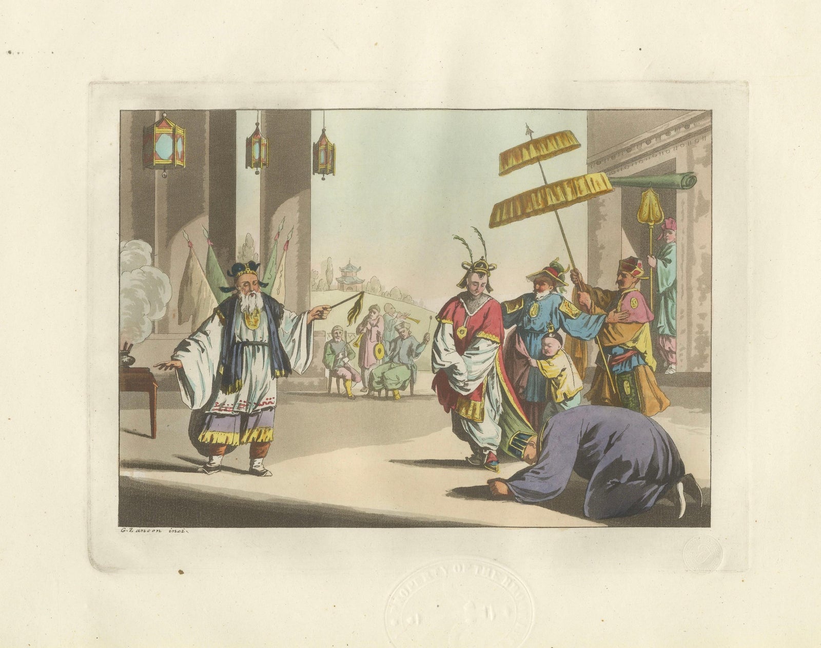 Chinese Peking Opera Scene, Ferrario Costume Print, Hand-Colored c.1815