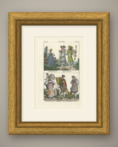 Swiss Woman, Swiss Bridal Couple and a Milkman of the Canton of Bern, 1842, shown framed