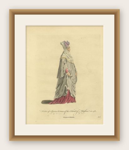 Grecian Woman of Meteline Costume Print, Hand-Colored Jefferys 1749, shown framed
