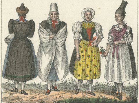 Wendish Women in House and Festival Dress with a Paranymph and a Bride, 1842, close-up 2