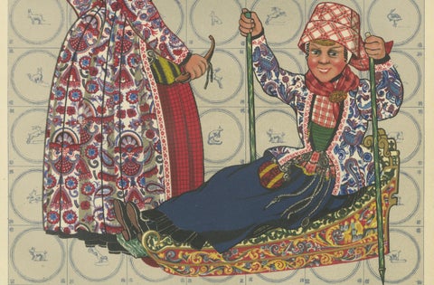 Girl on Hindeloopen Sleigh in Dutch Winter Dress, Hand-colored Lithograph - 1932, close-up 3