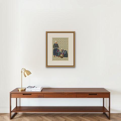 Marken Mourning Dress, Original 1932 Dutch Costume Print, shown framed on a wall