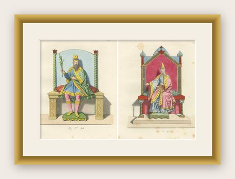 Regal Figures in Ceremonial Dress c.15th Century, Antique Print 1845, shown framed