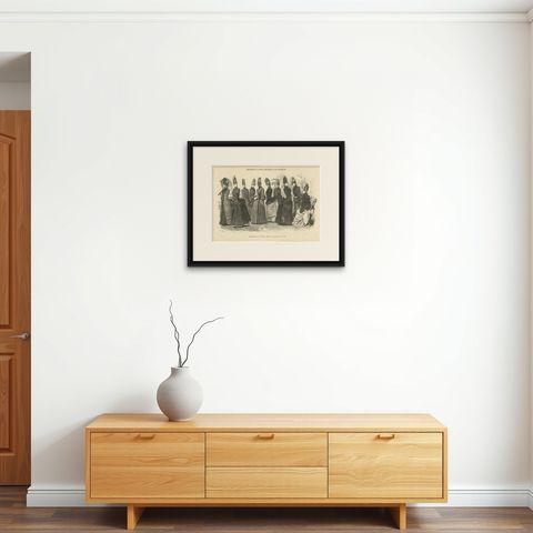 Large French Fashion Plate, Panoramic Couture Study, Paris, c.1887, shown framed on a wall