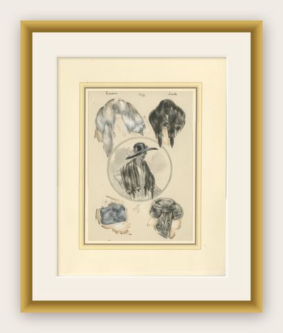 French Art Nouveau Fashion Design with Fur Stoles and Elegant Lady, c.1910, shown framed