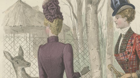 French Fashion Print, Tartan Dress & Child at Zoo, Hand-Colored, c.1887, close-up 3