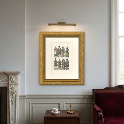 Costume of Salamanca, Leon, Avila and Catalonia, Hand Colored Lithograph, 1842, shown framed on a wall