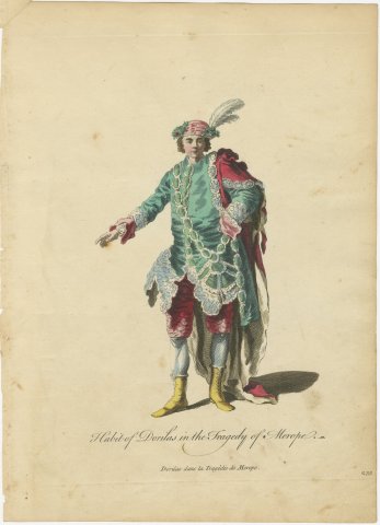 Dorilas in the Tragedy of Merope, Georgian Stage Costume, Jefferys Print, 1757, view 2