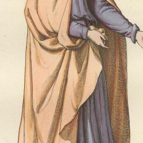 Medieval Costume Print 1845, Noblewoman in Peach and Lavender Robes, close-up 6