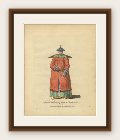 Chinese Mandarin Official in Light Summer Robes, Antique Costume Print, 1749, shown framed
