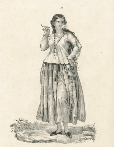 19th Century Guam Costume Lithograph, Angela, Smoking Woman from Gubam Island, close-up 1