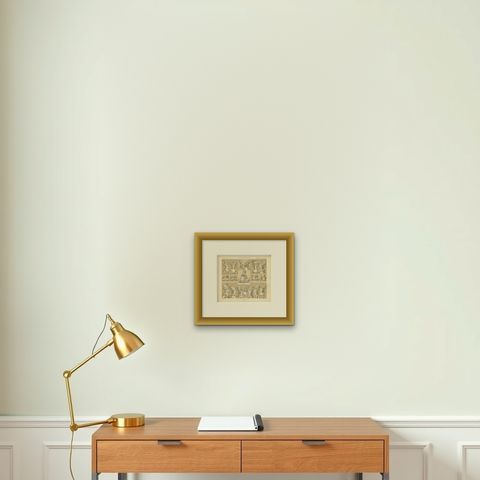 Antique Print of French 18th Century Women's Hats by Racinet, shown framed on a wall