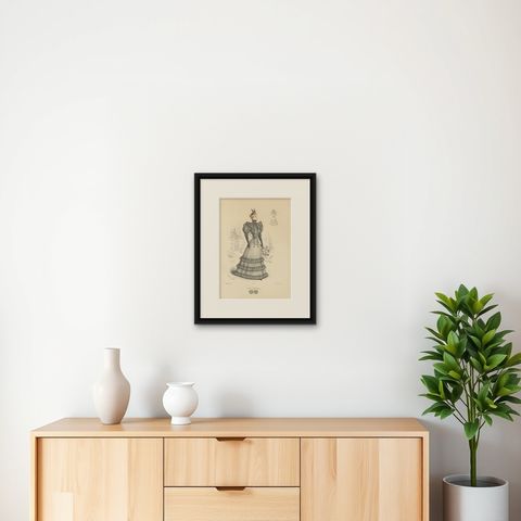 Victorian Elegance: Detailed Fashion Lithograph by L. Michau and De Solar, 1889, shown framed on a wall