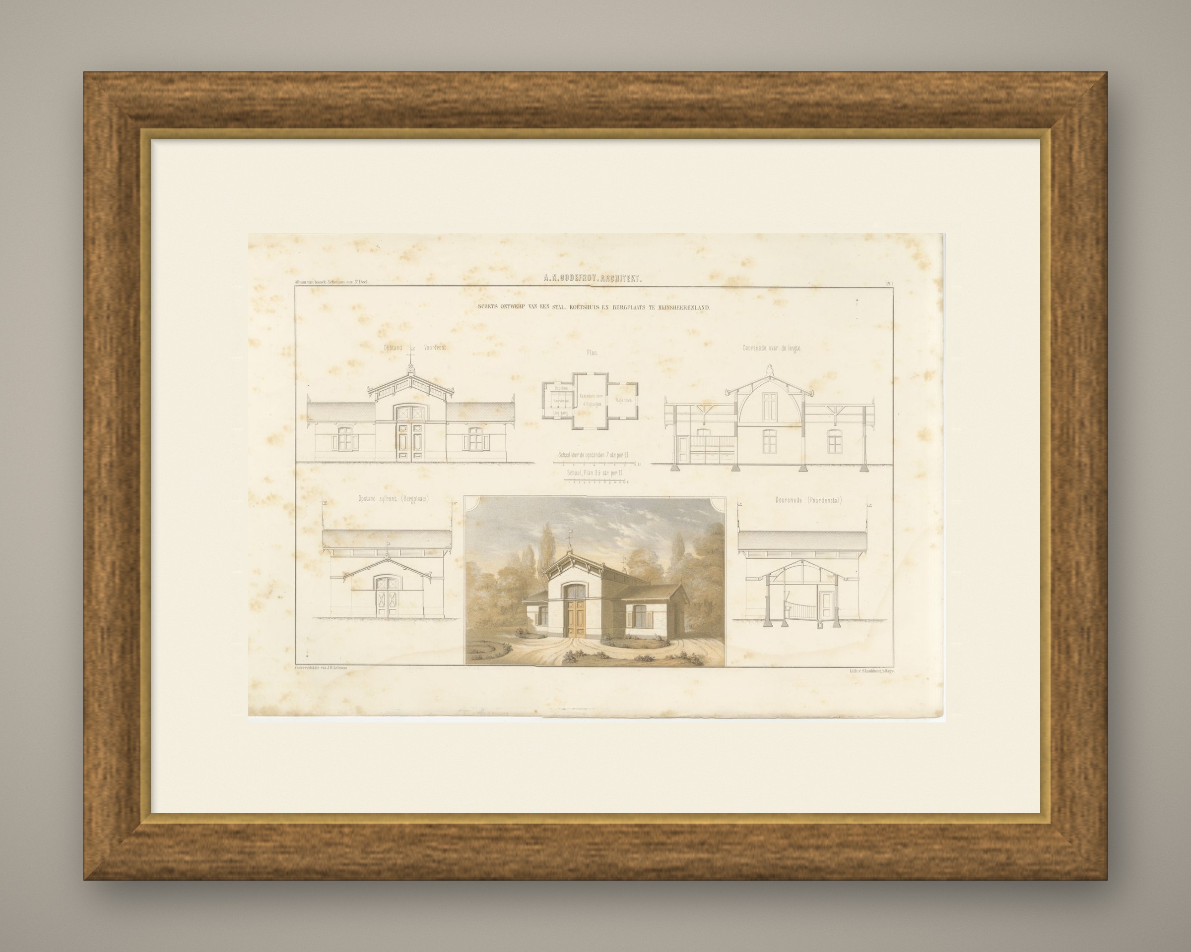 Coach House, Mijnsheerenland, Dutch Architecture Print, Leliman, 1865-1866, shown framed