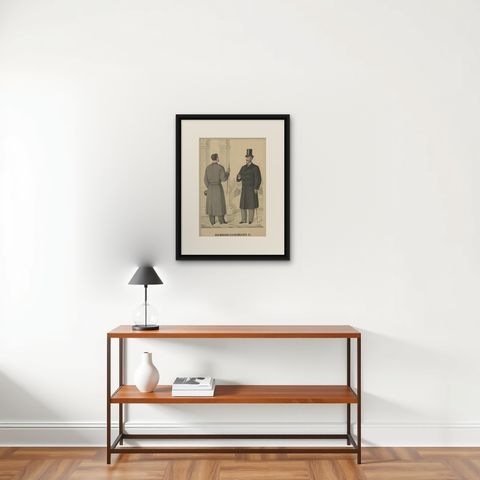 Antique Print of Men's Fashion, c.1900, shown framed on a wall