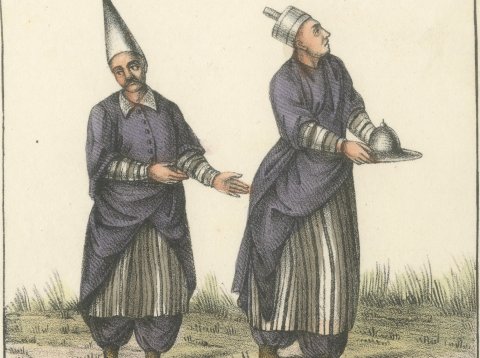 Chief Baker, Head Cook and Ushers in Fur Lined Robes, Hand Colored Print, 1842, close-up 1