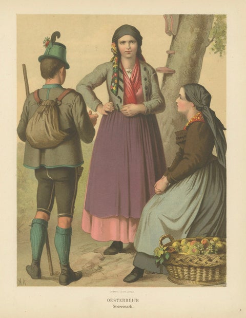 Austrian Folk Costume Prints, Styria, Elegant 19th-Century Pair, Austria, close-up 5