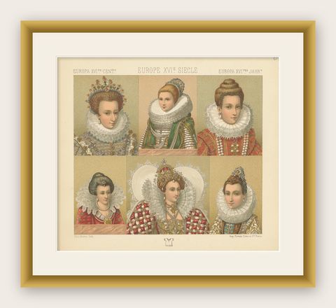 Pl. 67 Antique Print of European 16th Century Costumes by Racinet, circa 1880, shown framed