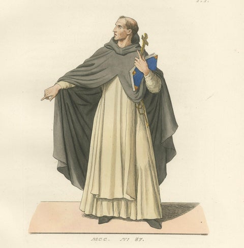 15th Century Dominican Friar, Antique Costume Print, Published 1845, close-up 1