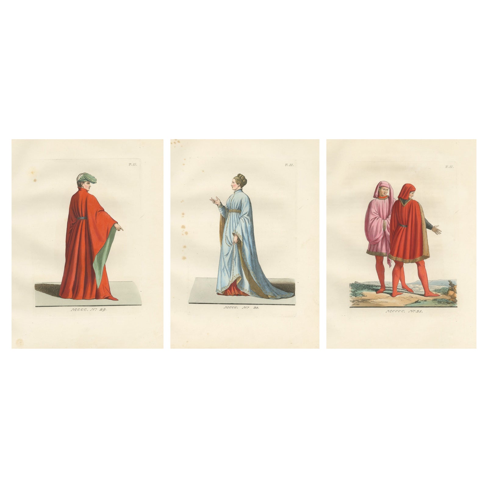 Medieval Costume Figures, 3 Elegant Hand-Colored Antique Prints, France 1845