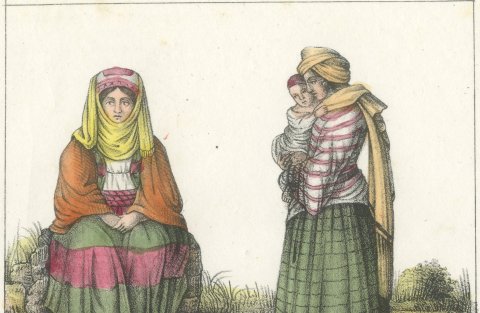 A Woman of the Mani, Costume of Patras and Hydra, a Greek Bishop, 1842, close-up 1