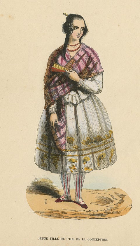 Antique Costume Print of young Lady of Conception Island by Wahlen, 1843, view 2