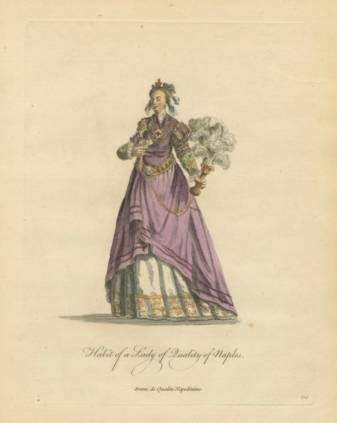 Italian Noblewomen Costume Engravings from Naples, Hand-Colored, 1749, close-up 1