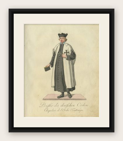 Chaplain of the Teutonic Order: 1791 Hand-Colored Engraving in Ceremonial Attire, shown framed