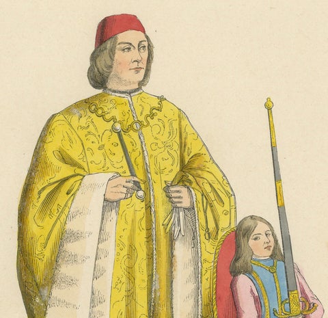 Civic Pride: A Podestà's Robe in 'Costume du Moyen Âge', Genuine Lithograph 1847, close-up 2